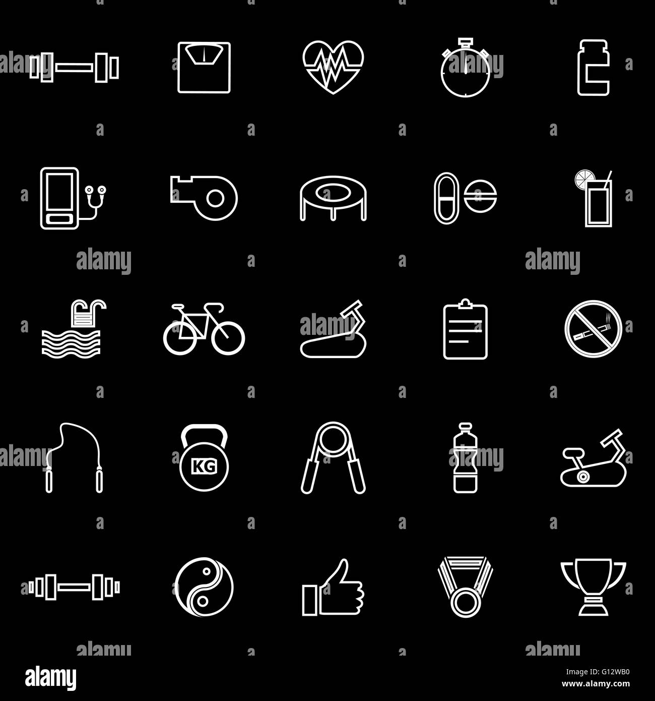 Linea Fitness icone su sfondo nero, vettore di stock Illustrazione Vettoriale