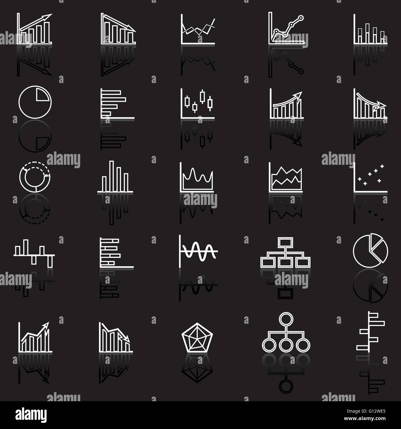 La linea del grafico le icone con il riflettere su sfondo nero, vettore di stock Illustrazione Vettoriale