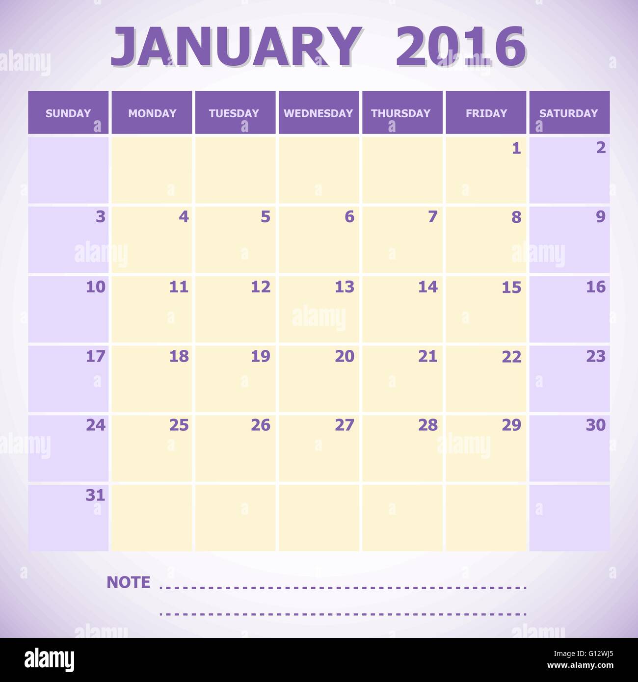 Calendario gennaio 2016 settimana inizia Domenica, vettore di stock Illustrazione Vettoriale