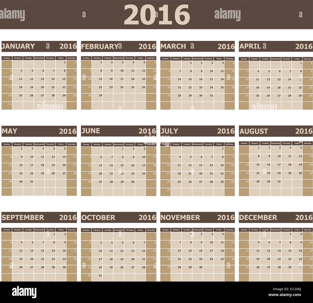 2016 settimana di calendario inizia da Domenica, vettore di stock Illustrazione Vettoriale