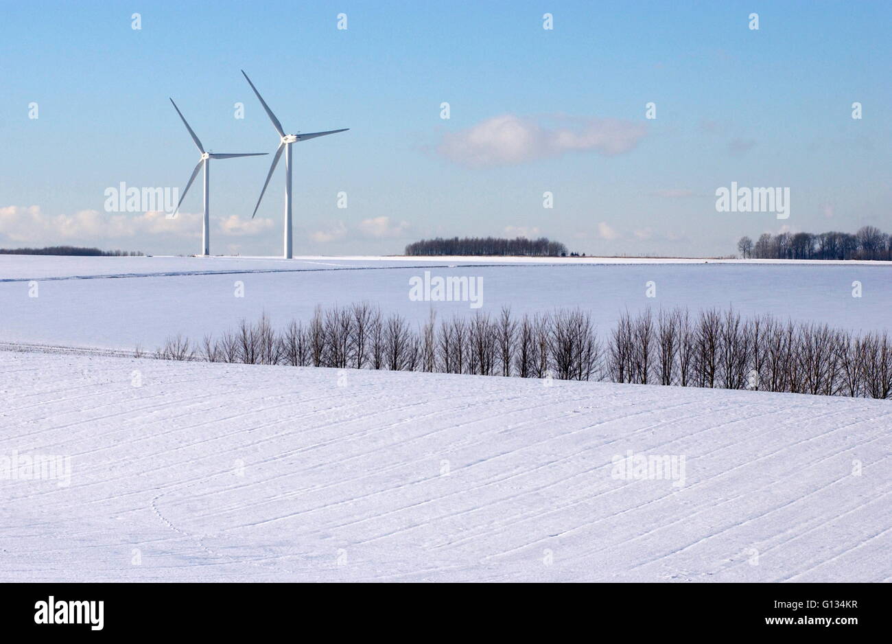 AJAXNETPHOTO - dicembre 2009. La Francia. - Turbine eoliche Vestas generano elettricità per villaggi locali nella neve paesaggio legato vicino HESDIE, nel nord della Francia. Foto:JONATHAN EASTLAND/AJAX REF:92212 3118 Foto Stock