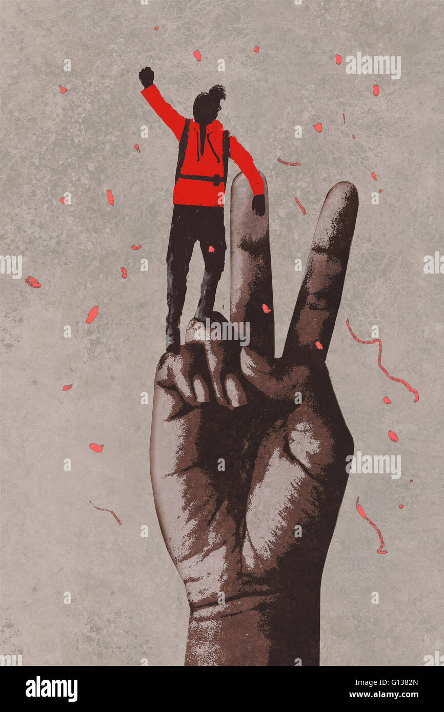 Grande la mano in segno di vittoria e l uomo con il braccio alzato,illustrazione pittura Foto Stock