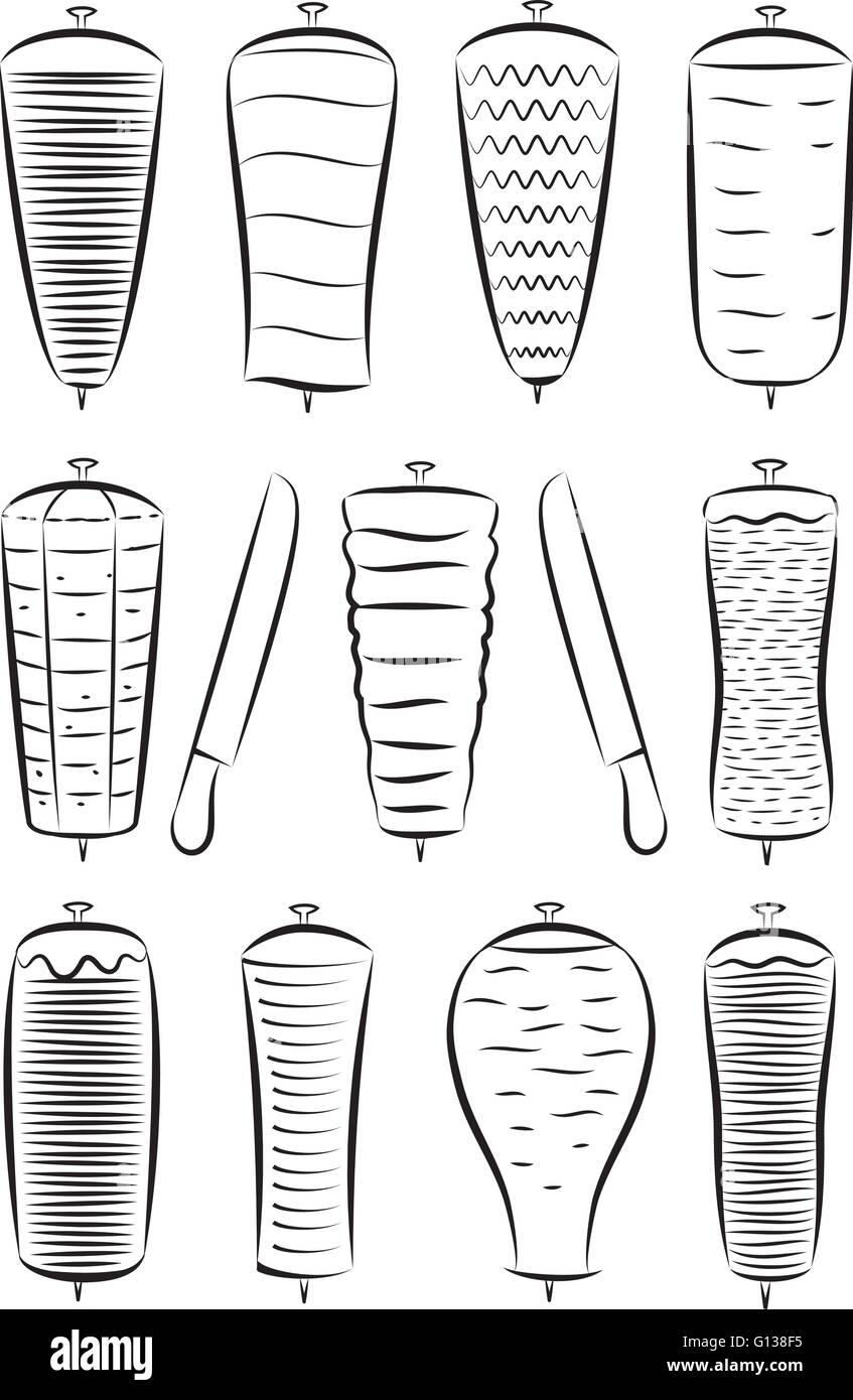 Set di vettore di Döner Kebab in linea modalità d'arte su sfondo bianco Illustrazione Vettoriale