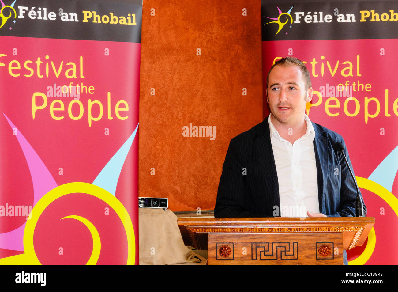 Féile un Phobail's Kevin Gamble all'evento di lancio. Foto Stock