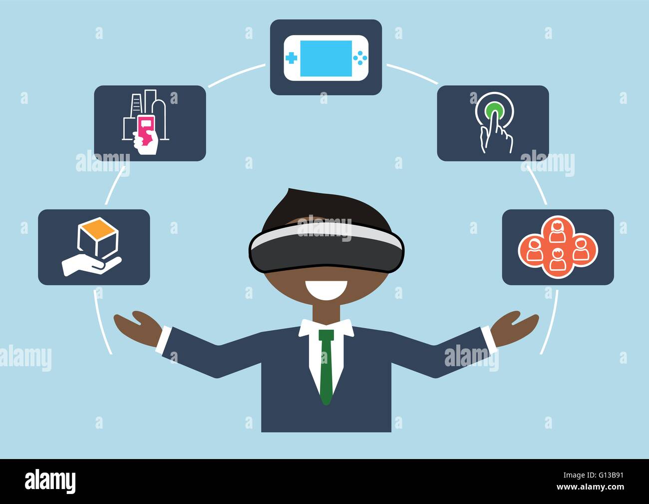 La realtà virtuale concetto come illustrazione vettoriale di business man utilizzando cuffie VR Illustrazione Vettoriale