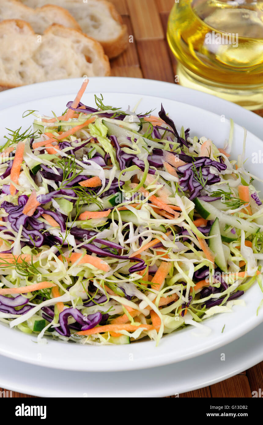 Insalata coleslaw rosso e il cavolo bianco con carote e cetrioli Foto Stock