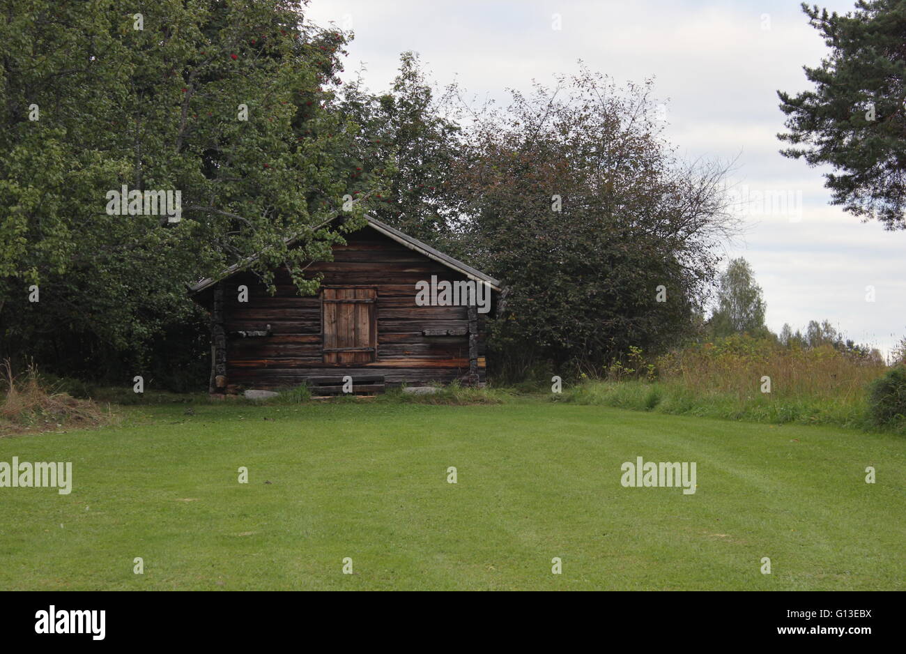 Casa oltre a Kulturstigen in Söllerön, DALARNA Svezia, costruita per illustrare gli aspetti della vita quotidiana degli antichi vichinghi. Foto Stock