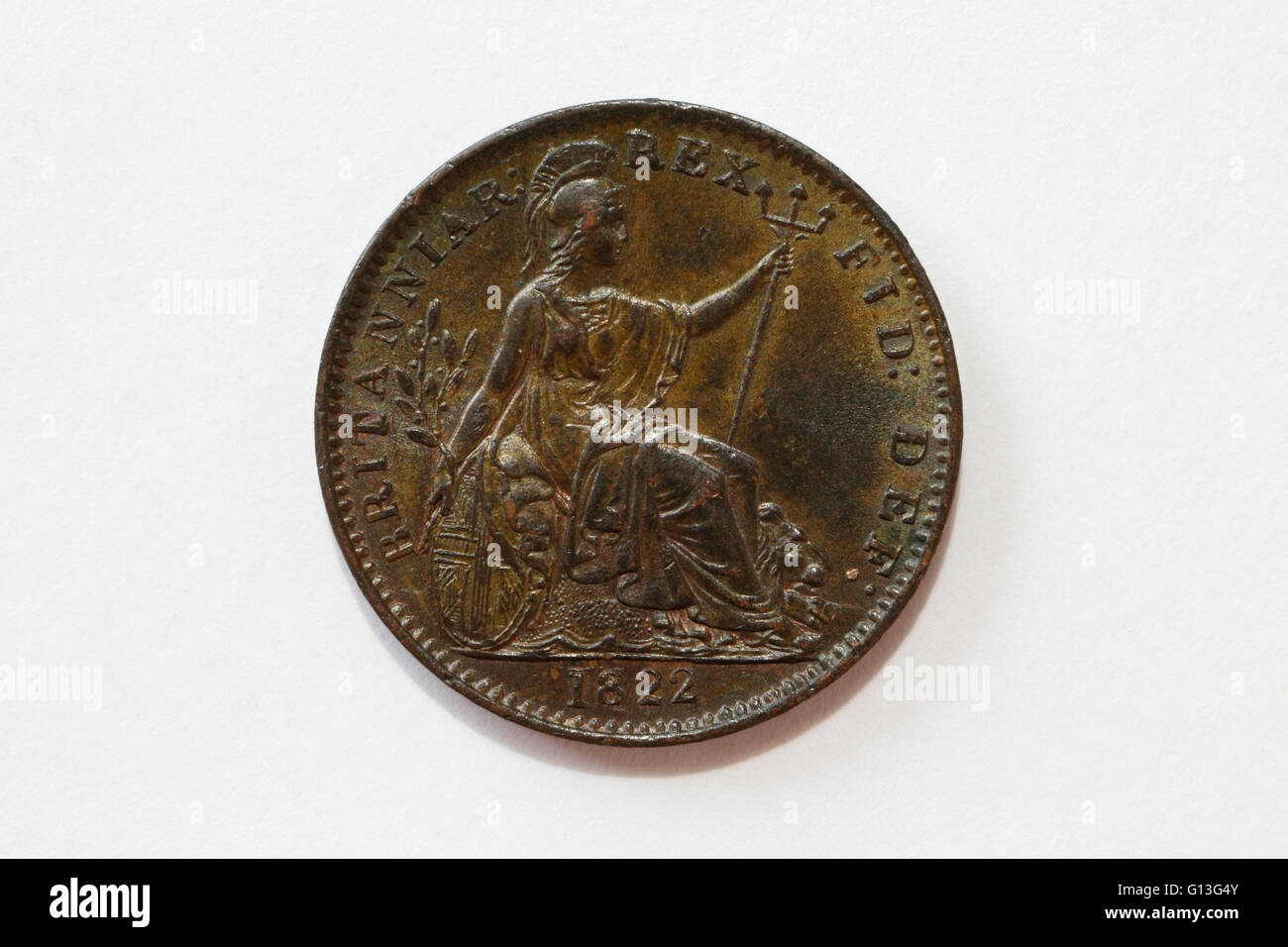 British 1822 Bronze Farthing mostra Britannia Foto Stock