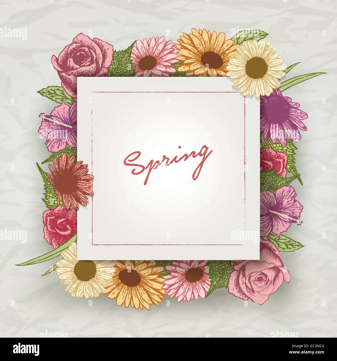 Vettore di primavera ed estate Invito a tema con design vintage colorati disegnati a mano fiori. Illustrazione Vettoriale