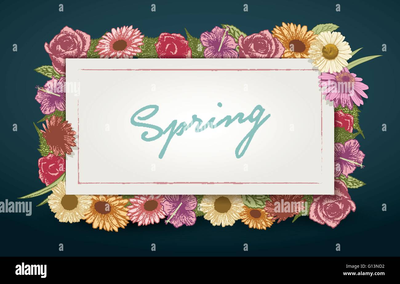 Vettore di primavera ed estate Invito a tema con design vintage colorati disegnati a mano fiori. Illustrazione Vettoriale