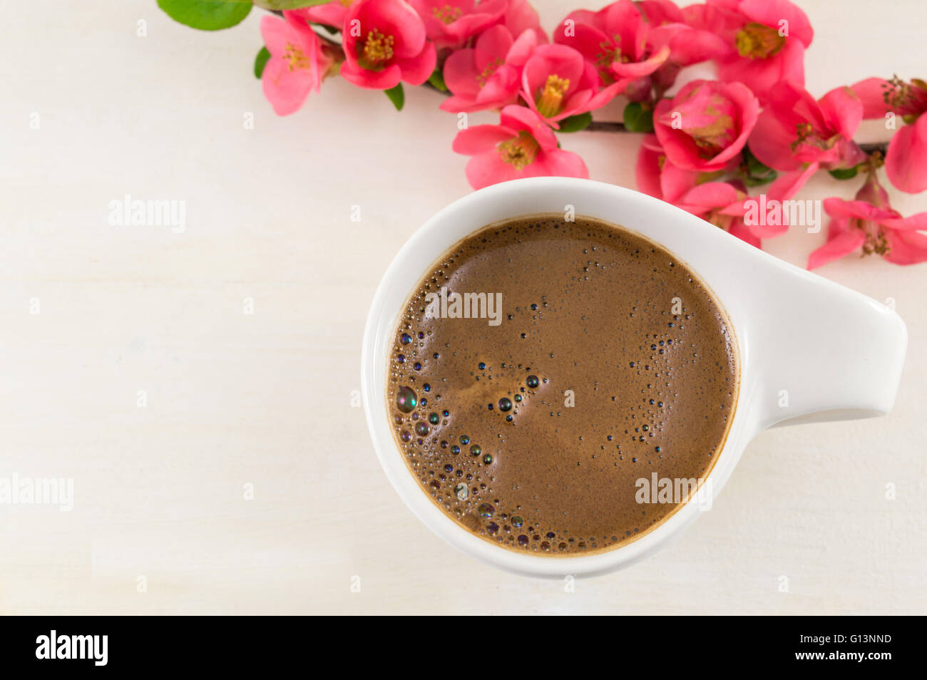 Giapponese rose fiori e una tazza di caffè Foto Stock