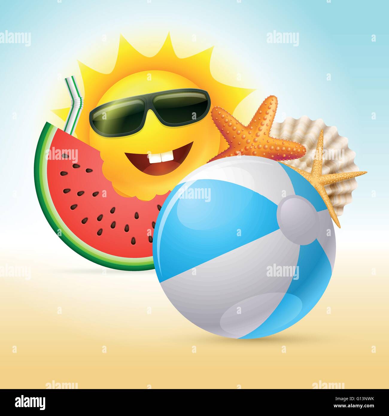 Vettore concetto estate illustrazione. Cartoon sun carattere, cocomero, stelle marine, shell, palla spiaggia e paglia. Illustrazione Vettoriale