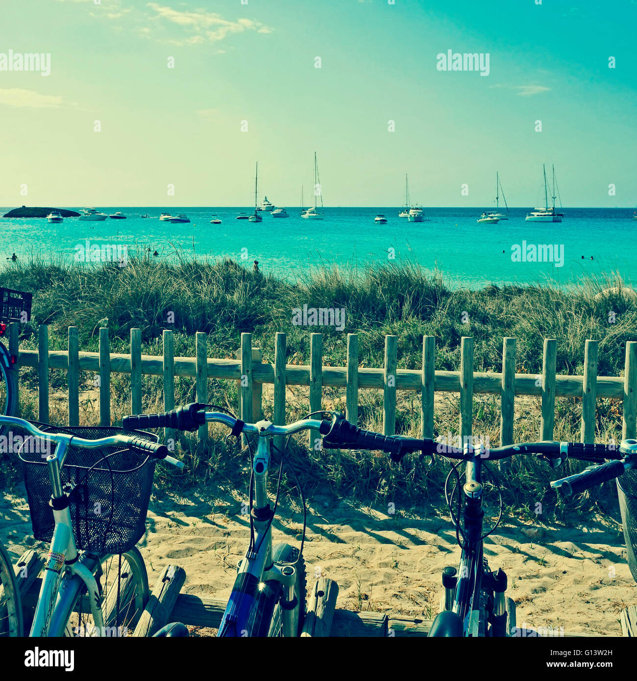 Spiaggia di Ses Illetes a Formentera, isole Baleari, Spagna, con un effetto retrò Foto Stock