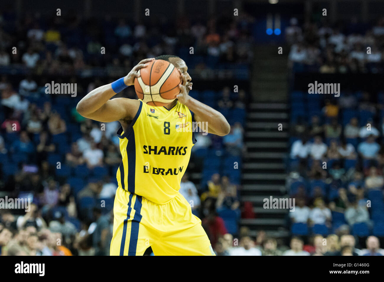 Londra, UK, 8 maggio 2016. L'O2. British fuso Basketball League Play-Off finali hanno luogo presso l'O2 tra Leicester Piloti e Sheffield squali. Credito: pmgimaging/Alamy Live News Foto Stock