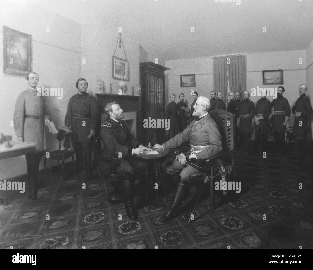 Grant e Lee incontro di Appomattox, Virginia da Louis Mathew Didier Guillaume.La Battaglia di Appomattox Court House, combattuto la mattina del 9 aprile 1865, fu l'ultimo impegno di Stati confederati esercito il generale Robert E. Lee esercito di Virgi settentrionale Foto Stock