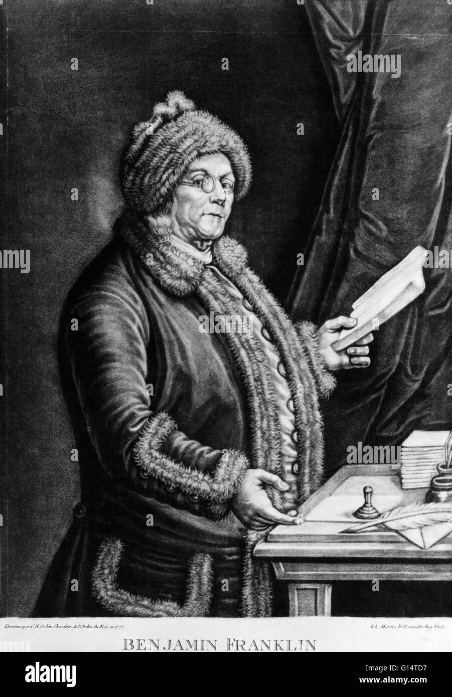 Benjamin Franklin. Attacco mediante H. B. Hall, 1879. Benjamin Franklin (Gennaio 17, 1706 - 17 Aprile 1790 ) fu uno dei padri fondatori degli Stati Uniti. Egli era un autore, una stampante, un teorico politico, politico, postmaster, scienziato, musicista, inventare Foto Stock