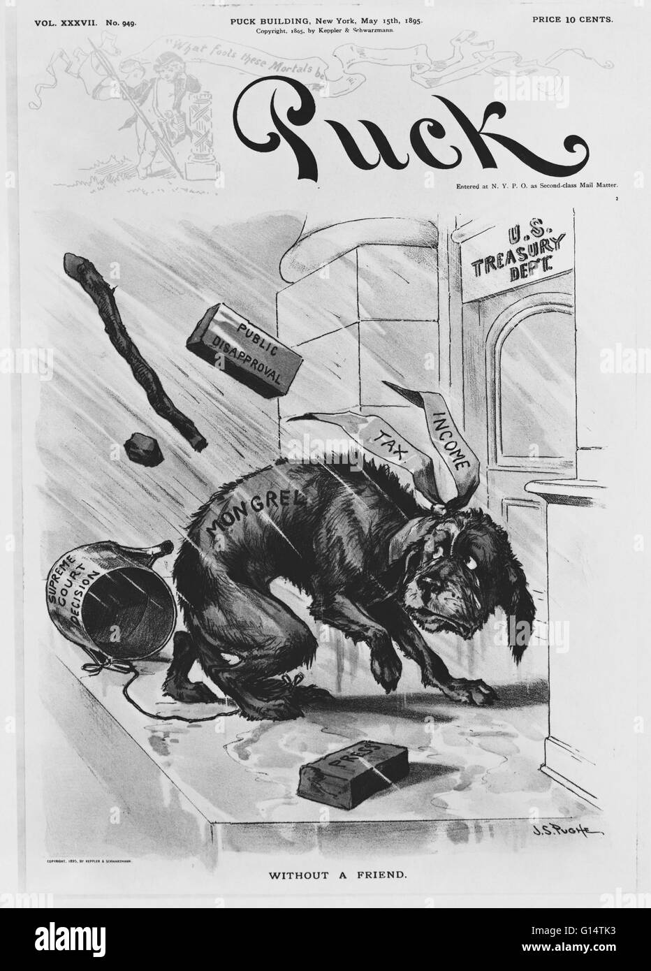 1895 cartoon politico "Senza un Amico' dal puck magazine, satirizing l imposta sul reddito discussione. In quell'anno, U.S. La Corte suprema ha deciso che le imposte sul reddito era incostituzionale. Foto Stock