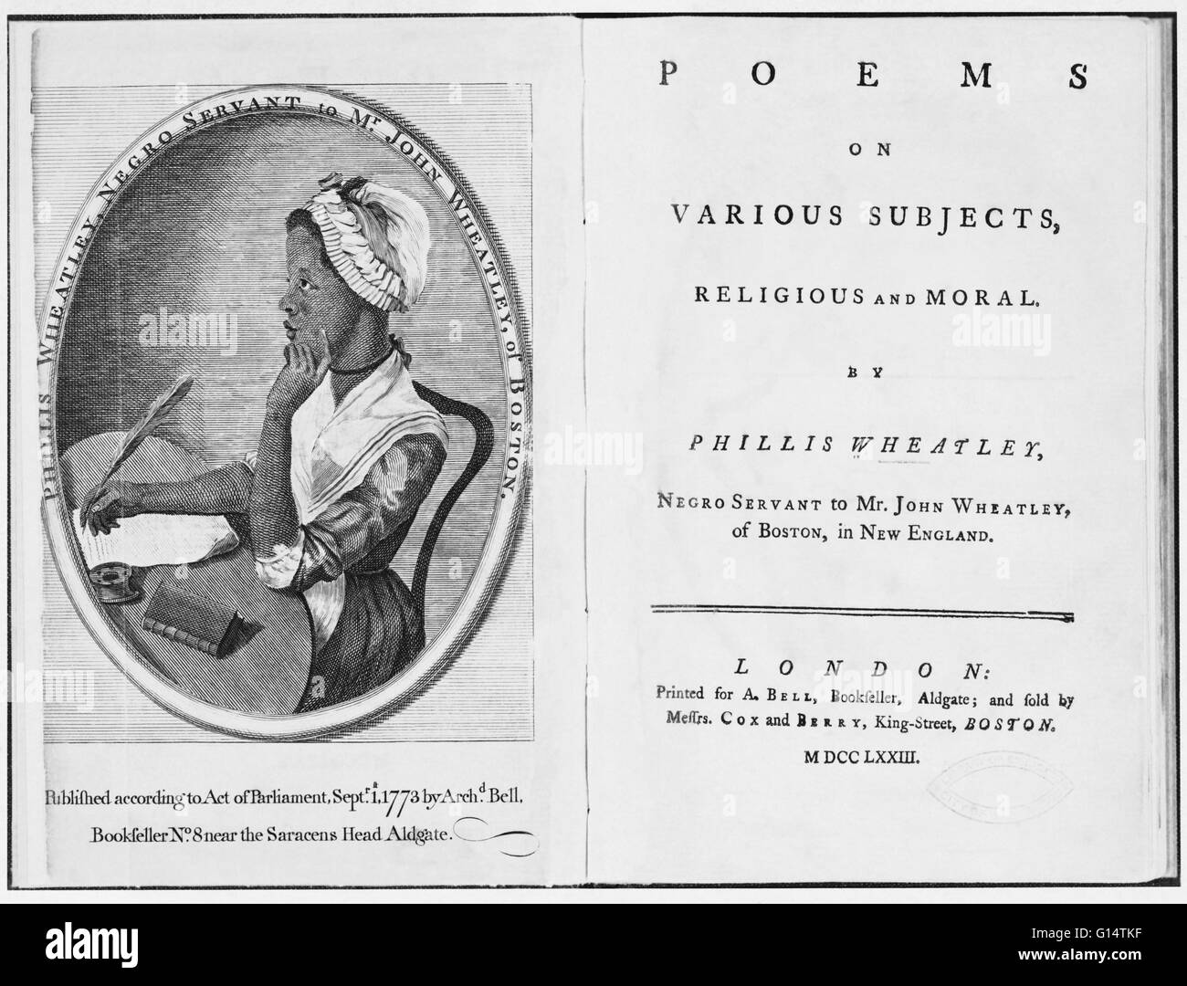 Incisione di Wheatley dalla Scipio Moorhead nel frontespizio per il suo libro di poesie. Phillis Wheatley (1753 - Dicembre 5, 1784) è stata la prima donna Afroamericana pubblicato poeta. Nato in Senegal era venduto in schiavitù all'età di dodici anni e trasportato Foto Stock
