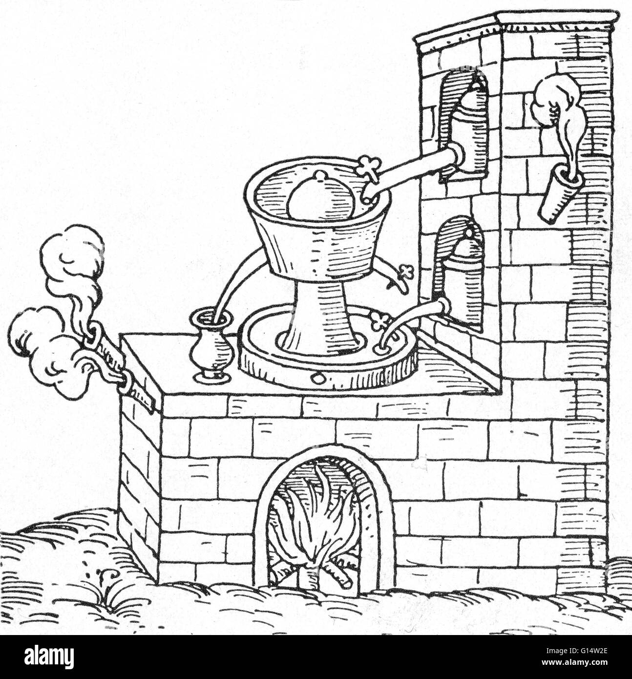 Un alchimista ancora, con preriscaldatore e testata raffreddata. Illustrazione da Andreas Libavius, 'Alchymia", un libro di testo di chimica, Francoforte, 1606. Foto Stock