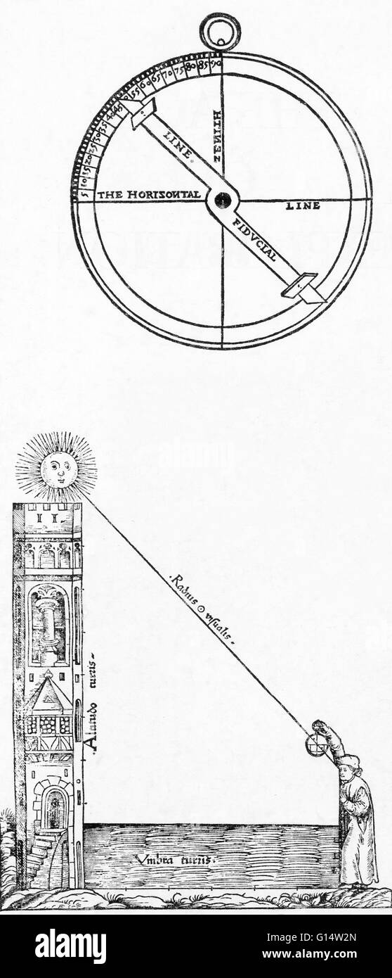 Una illustrazione che mostra un uomo con un astrolabio, astronomico e strumento di navigazione. È misurata l'altezza del sole e ha dato un ravvicinamento del momento della giornata e l'osservatore di latitudine. Qui, l'uomo sta dimostrando il suo impiego su terreni wit Foto Stock