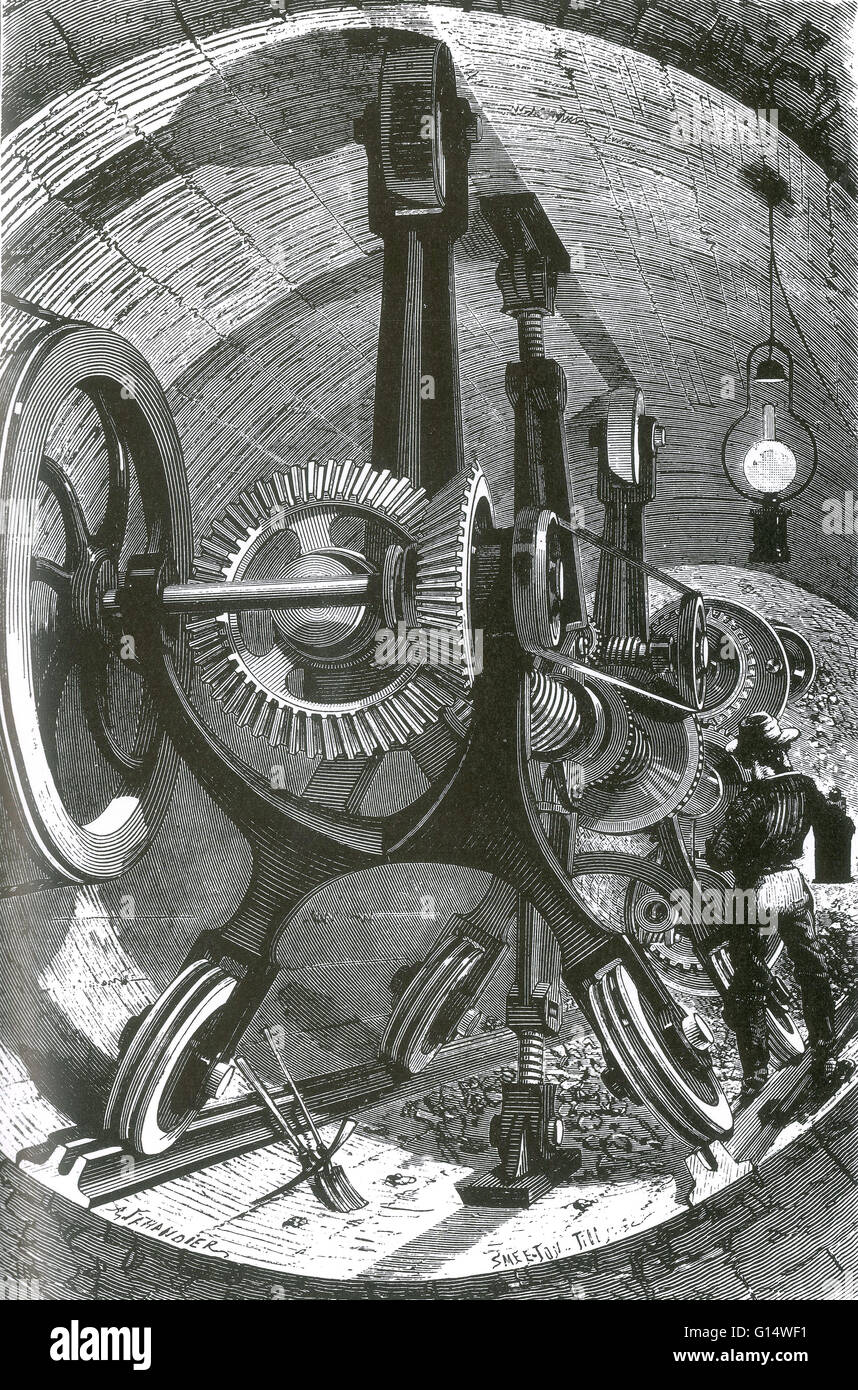 Nel 1882 il canale francese società Tunnel testato due macchine diverse per il tunnel sotto la Manica. La Brunton macchina, era una versione migliorata di una macchina brevettata nel 1868 da John D. Brunton, azionato da mezzi di due mandrini "' o 'face-pla Foto Stock