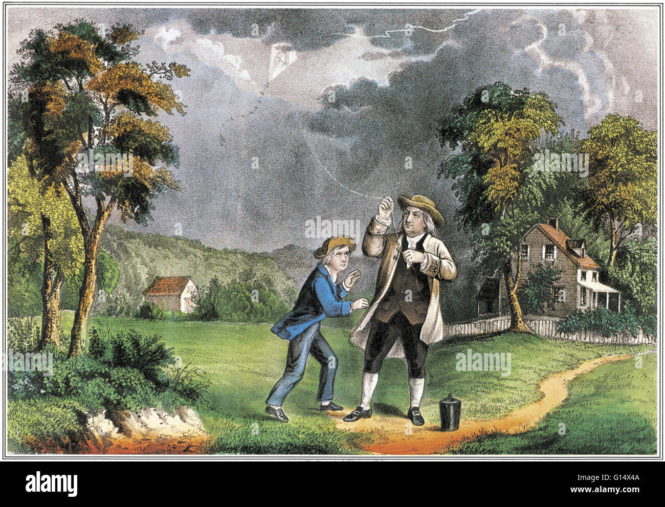 Franklin esperimenti con il kite e chiave, Giugno 1752. Benjamin Franklin (1706-1790) è stato uno dei padri fondatori degli Stati Uniti. Franklin era un autore, una stampante, un teorico politico, politico, postmaster, scienziato, musicista, inventore, Satiro, ci Foto Stock