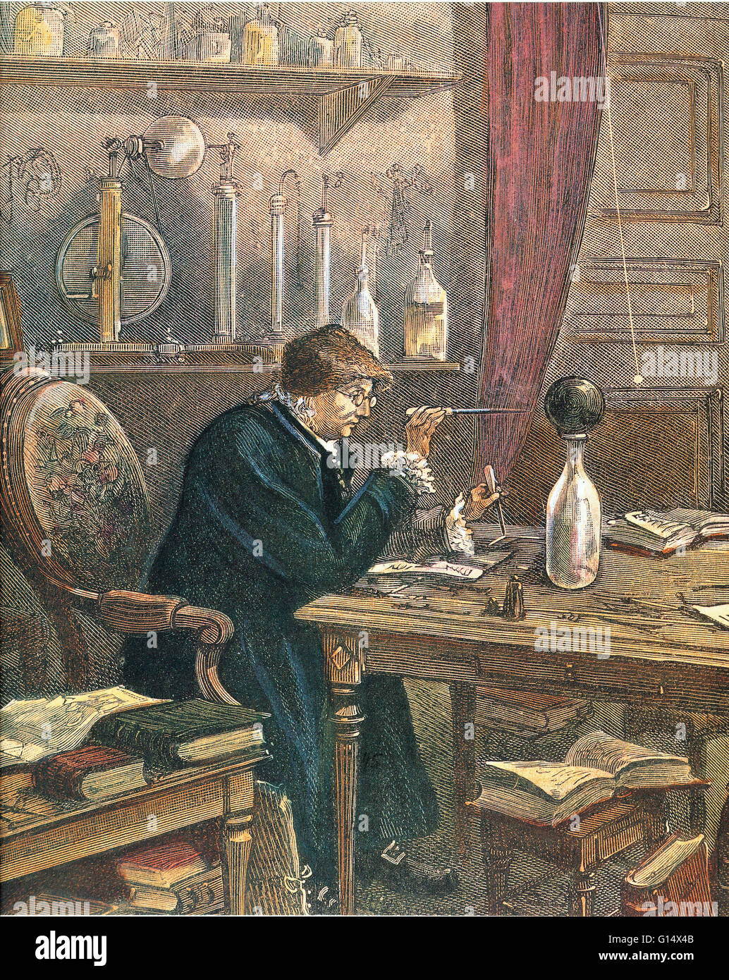 Benjamin Franklin esamina gli effetti di apparecchiature elettriche di attrazione e di repulsione in questo francese del XIX secolo incisione. Benjamin Franklin (1706-1790) è stato uno dei padri fondatori degli Stati Uniti. Franklin era un autore, una stampante, un teorico politico, p Foto Stock