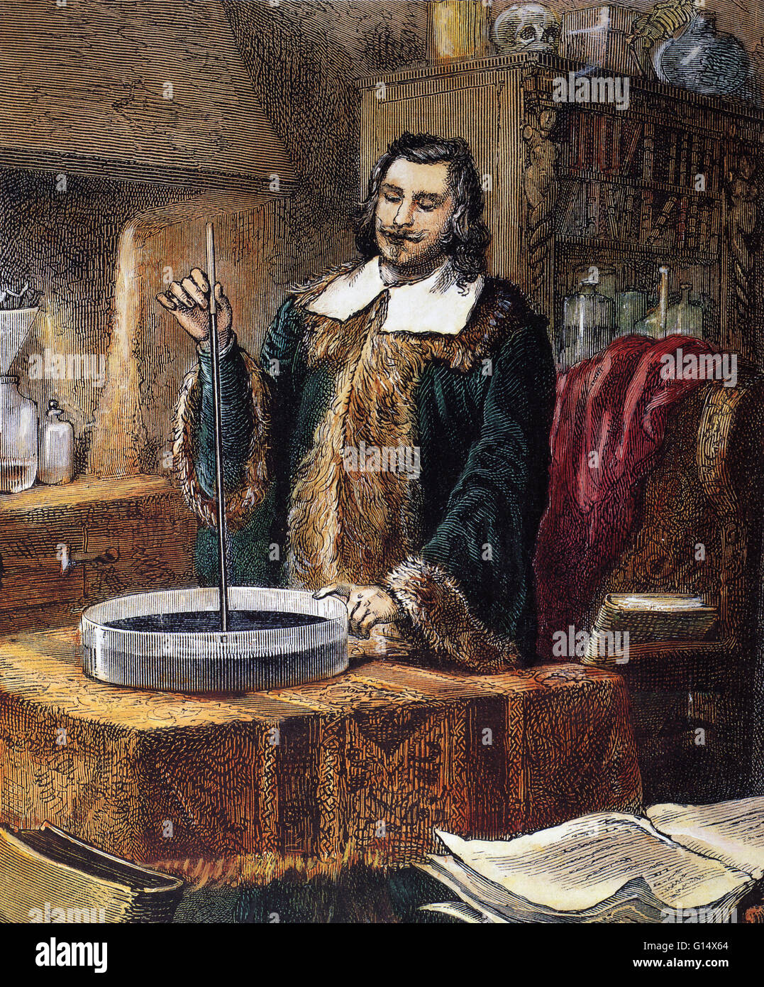 Incisione dall'atmosfera (1873) da Camille Flammarion. Evangelista Torricelli (15 Ottobre 1608 - 25 ottobre 1647) era un fisico italiano e matematico. Nel 1642 divenne grand-ducal matematico e professore di matematica presso l'Università Foto Stock