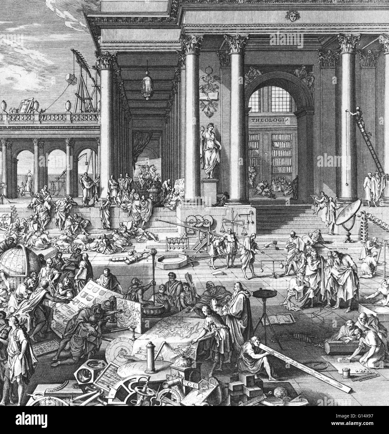"L'Accademia delle Scienze e Belle Arti.' incisione di Sebastien LeClerc, 1698. Foto Stock