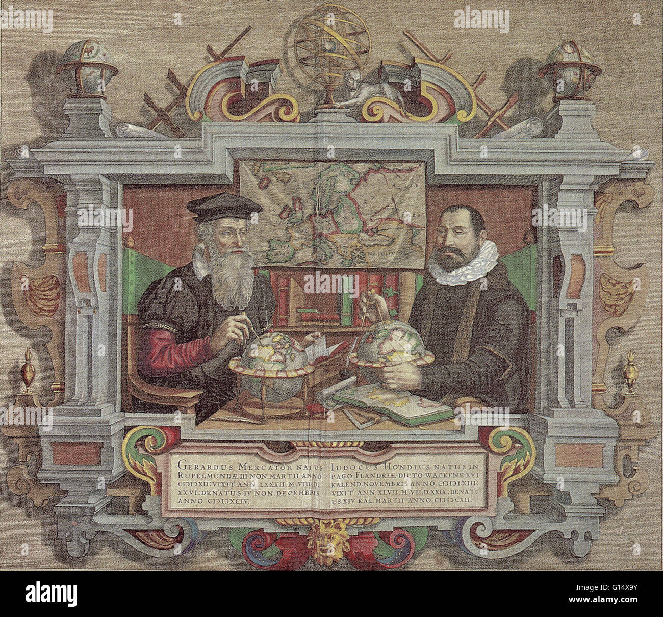 A metà del XVII secolo di calcografia cartografi fiamminghi Gerardus Mercator e Jodocus Hondius. Foto Stock
