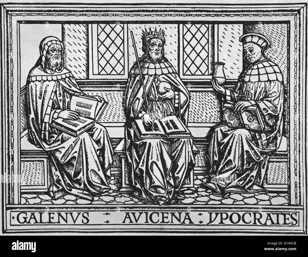 Qui illustrati sono tre grandi maestri della medicina: il medico greco Galeno (130-200 AD), il persiano medico e filosofo, Avicenna (980-1037), e il medico greco e padre della medicina di Ippocrate (c. 460-370 a.C.). Foto Stock