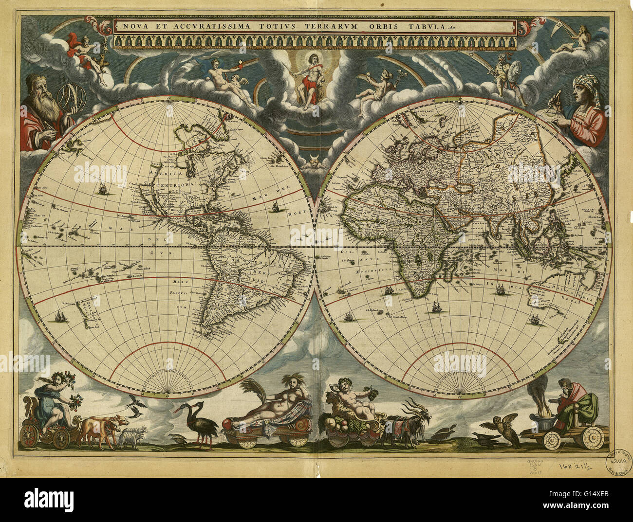 Mappa mondo pubblicato circa 1664 ad Amsterdam, in Olanda, dal cartografo olandese Joan Blaeu (c.1599-1673). Il titolo latino è Nova et Accuratissima Totius orbis terrarum tabula (nuova e accurata tutti mappa del mondo). Blaeu mappe di costruita su quelle fatte dal mercato Foto Stock