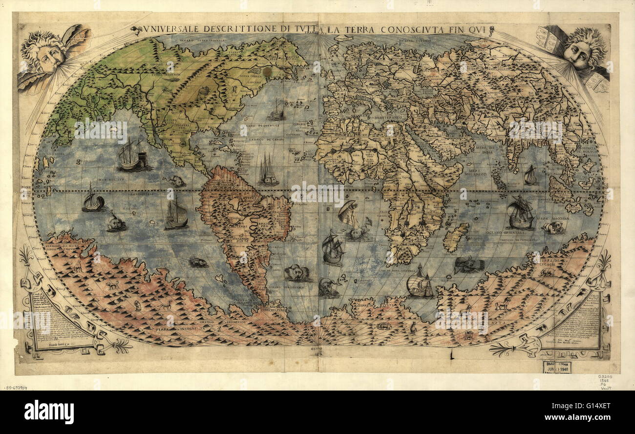 Mappa mondo pubblicato circa 1565 a Venezia, Italia, dal cartografo italiano Ferando Bertelli. Il titolo della mappa: Universale Descrittione di tutta la terra conosciuta fin qui (descrizione universale per la fine della terra di tipo noto). Negli ultimi cento anni Foto Stock