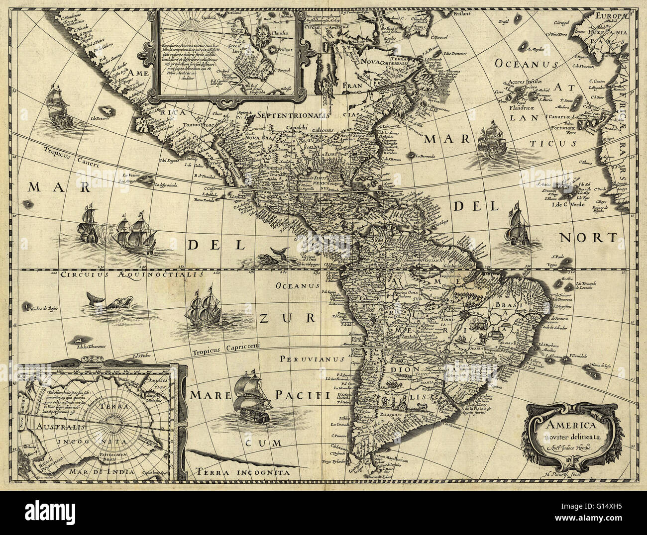 Xvii secolo mappa delle Americhe. Pubblicato a Parigi attorno al 1640, questa mappa è dal cartografo fiammingo Jodocus Hondius (1563-1612). La mappa mostra la geografia delle Americhe, il nuovo mondo di essere esplorato dagli europei. La maggior parte del Centro e del Sud Americ Foto Stock
