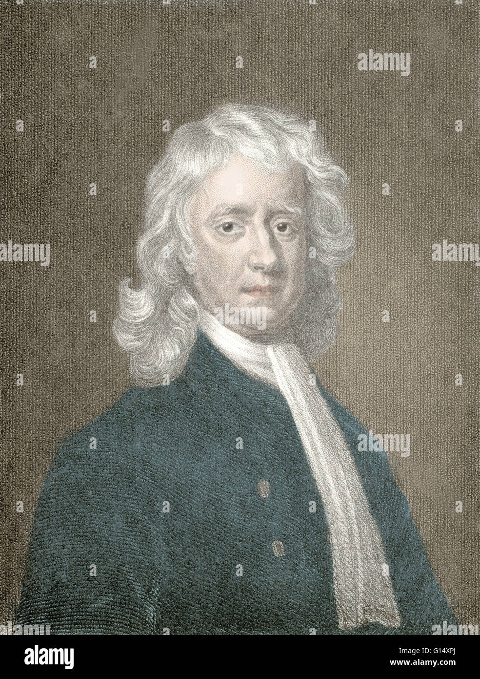 Isaac Newton (1642-1727) fu un fisico inglese, matematico, astronomo, filosofo naturale, alchimista e teologo. La sua monografia Philosophae Naturalis Principia Mathematica, pubblicato nel 1687, getta le basi per la maggior parte della meccanica classica Foto Stock