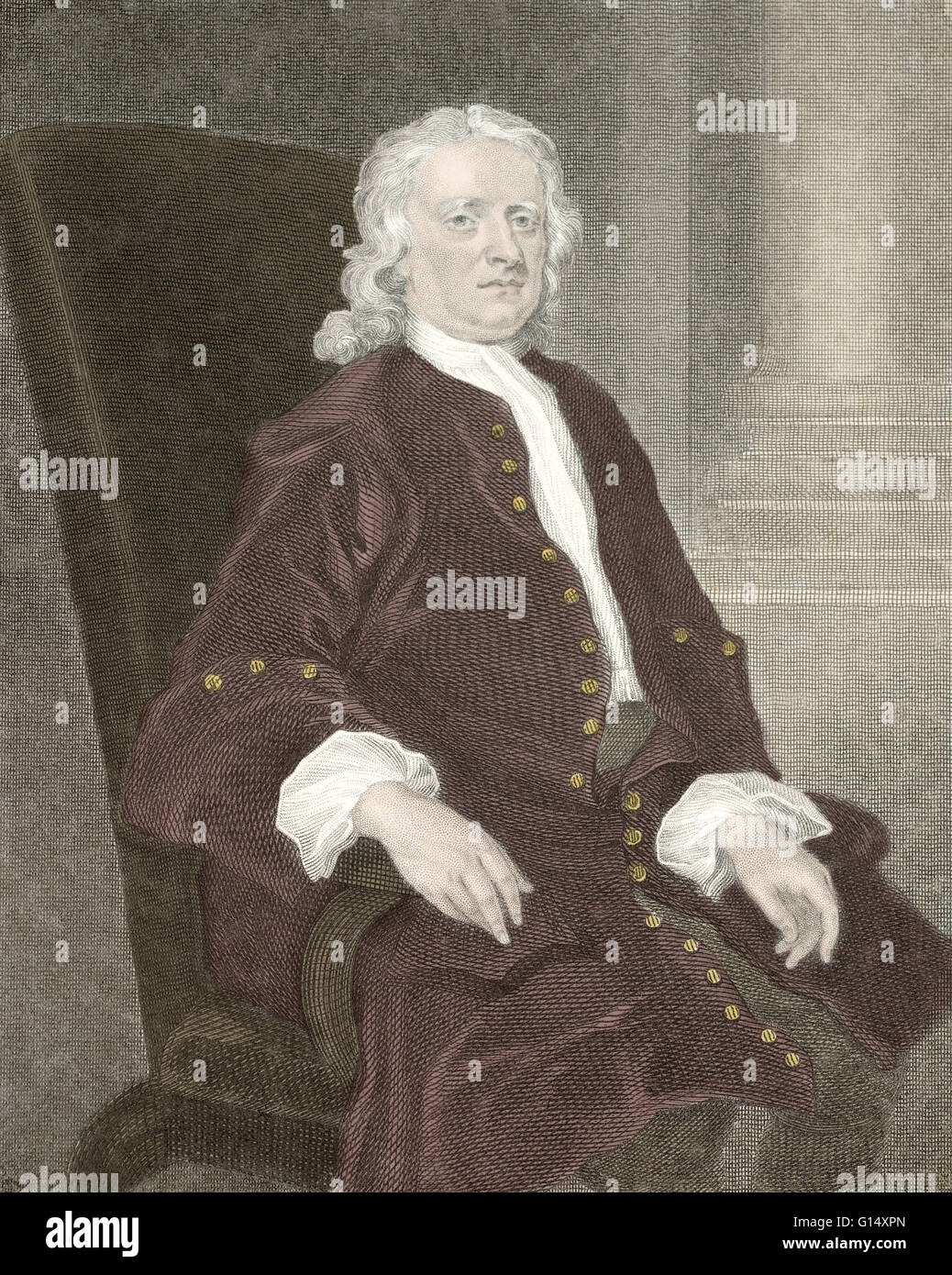 Isaac Newton (1642-1727) fu un fisico inglese, matematico, astronomo, filosofo naturale, alchimista e teologo. La sua monografia Philosophae Naturalis Principia Mathematica, pubblicato nel 1687, getta le basi per la maggior parte della meccanica classica Foto Stock
