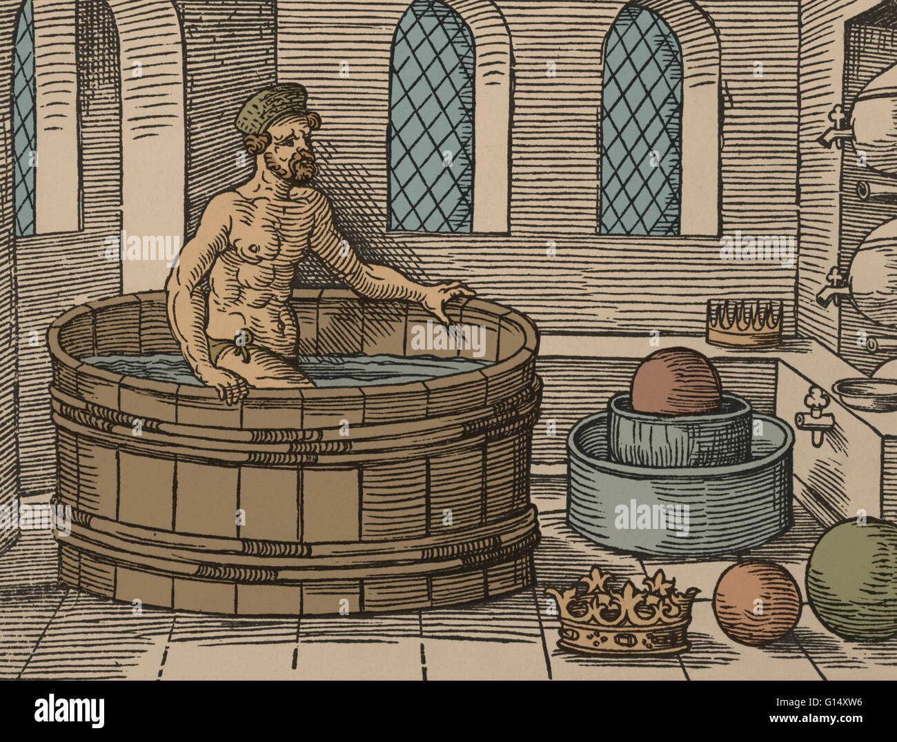 Illustrazione della scoperta di Archimede, prinicple dell'idrostatica. Il principio stabilisce che un corpo immerso in un fluido si sposterà un volume del fluido pari al peso del corpo. Si è detto che Archimede ha scoperto il principio quando lui s Foto Stock