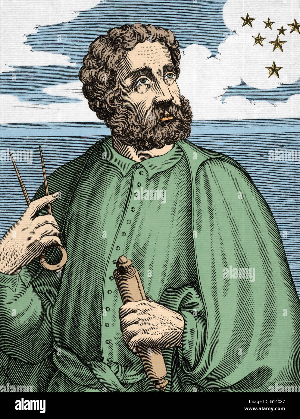 Ferdinando Magellano (1480 - 27 Aprile 1521) è stato un nobiluomo portoghese che aveva servito il suo paese come un soldato in Indie. Come Colombo ha creduto che un viaggio occidentale sarebbe molto più veloce del percorso portoghese. Egli era sicuro che non vi era un stretto, o Foto Stock Ferdinando Magellano (1480 - 27 Aprile 1521) è stato un nobiluomo portoghese che aveva servito il suo paese come un soldato in Indie. Come Colombo ha creduto che un viaggio occidentale sarebbe molto più veloce del percorso portoghese. Egli era sicuro che non vi era un stretto, o Foto Stock