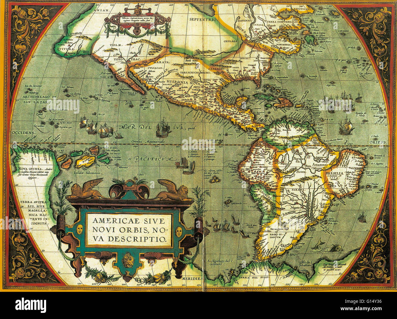 Una mappa del Nord e Sud America e pubblicato nel 1584 da Abraham Ortelius. Foto Stock