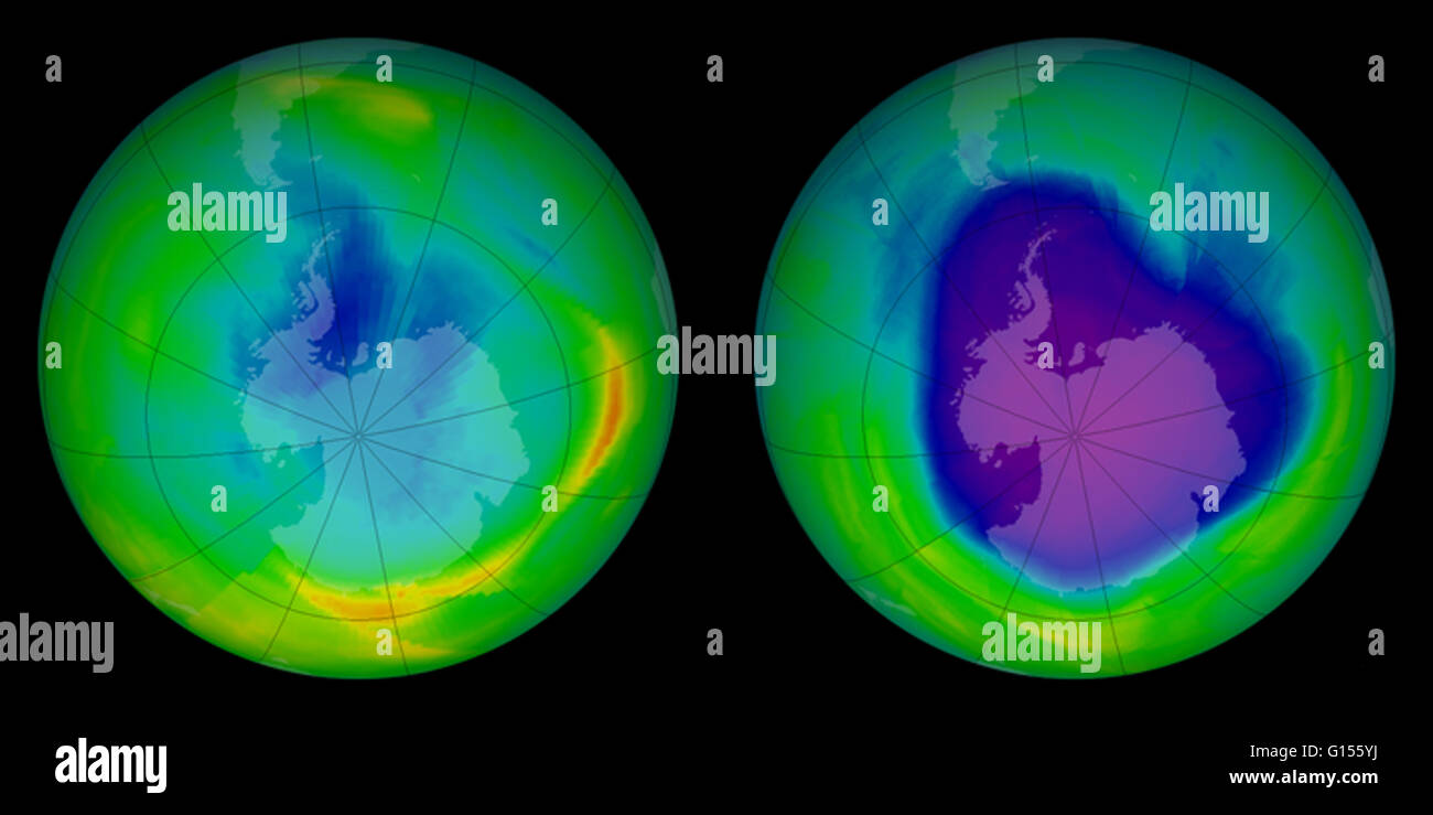 Cambiamento nel foro di ozono al di sopra del Polo Sud, dal 1979 (immagine a sinistra) al 2008 (a destra). Strato di ozono stratosferico che protegge la vita sulla terra mediante assorbimento di luce ultravioletta che danneggia il DNA in piante e animali (compreso l'uomo) e conduce al cancro della pelle. Prio Foto Stock