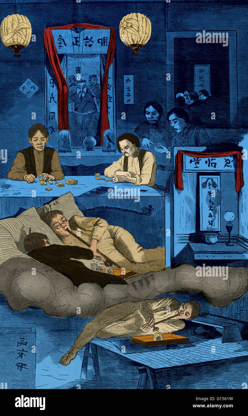 I fumatori di oppio reclinata su letti bassi e panche in un cinese clubhouse disegnato da Winslow Homer per Harper's settimanale, 1874. Secondo Omero egli 'sat per ore con il piuttosto malefica del viso degli dèi trasmissione via IR in giù su di lui da una parete altare davanti Foto Stock