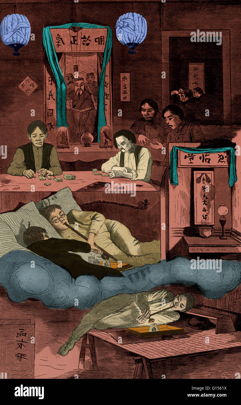 I fumatori di oppio reclinata su letti bassi e panche in un cinese clubhouse disegnato da Winslow Homer per Harper's settimanale, 1874. Secondo Omero egli 'sat per ore con il piuttosto malefica del viso degli dèi trasmissione via IR in giù su di lui da una parete altare davanti Foto Stock