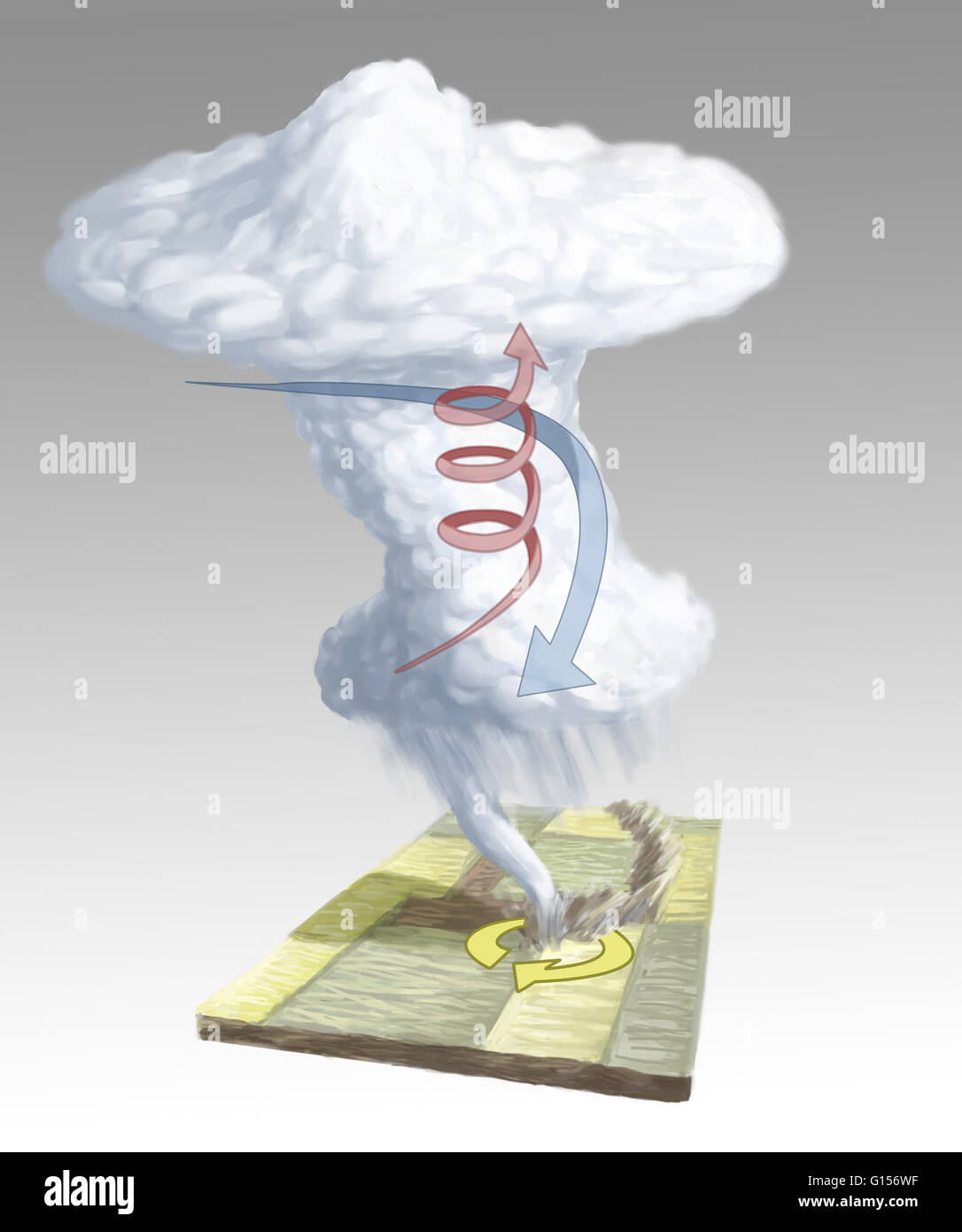 Illustrazione Che Mostra La Formazione Di Un Tornado Un Vento Forme Di Taglio Superficie Avvolge Il Rullo Aria In Un Tubo Orizzontale Sun Aria Riscaldata Solleva Una Sezione Del Vortice Verticalmente Creando