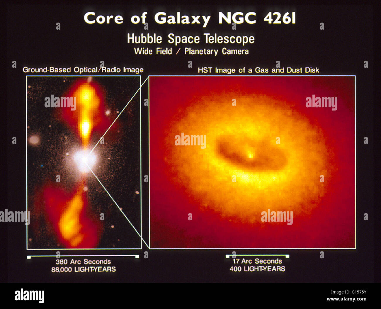 (Sinistra) con base a terra ottico composito/vista radio della galassia ellittica NGC 4261. Il gigante galassia ellittica NGC 4261 è uno dei dodici galassie più brillanti in Virgo Cluster, situato a 45 milioni di anni luce di distanza. Fotografato a luce visibile (bianco) g Foto Stock