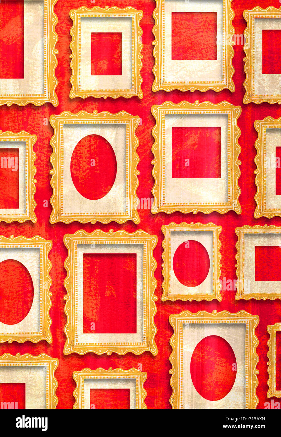 Cornici dorate di diverse dimensioni su un muro rosso Foto Stock