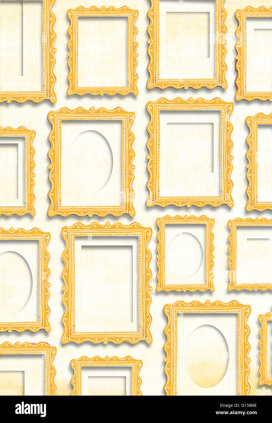 Cornici dorate di diverse dimensioni su un muro bianco Foto Stock