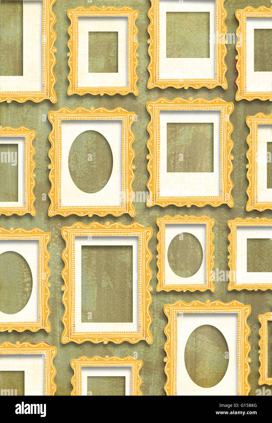 Cornici dorate in formati diversi su una carta da parati marrone Foto Stock