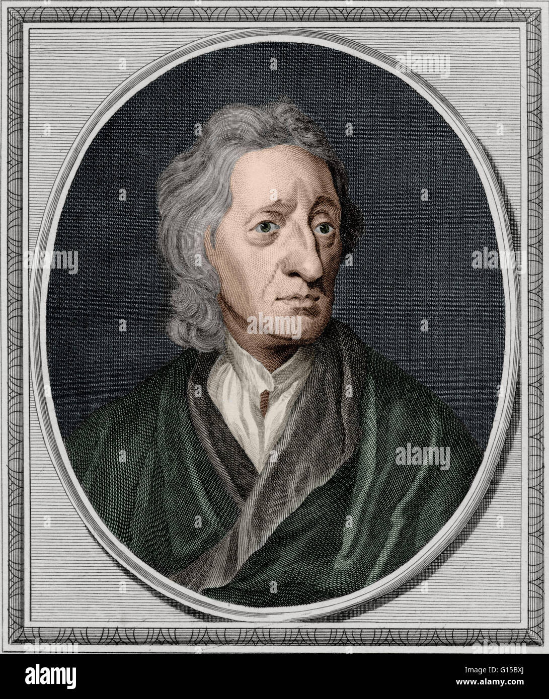 Una incisione di John Locke dal 1786. John Locke (1632-1704) fu un filosofo inglese che ha trascorso i suoi primi anni docente all'Università di Oxford, Inghilterra. Successivamente ha trascorso quindici anni in Francia, dove ha incontrato la maggior parte dei leader di Continental scienziati e Foto Stock