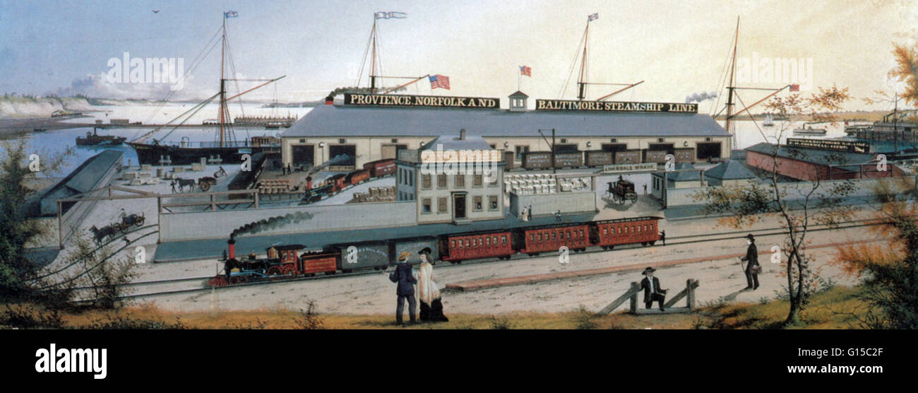 Un dipinto che mostra la varietà dei modi di trasporto durante il XIX secolo in America, comprese le imbarcazioni a vela, piroscafi, treni e carrozze trainate da cavalli. Foto Stock