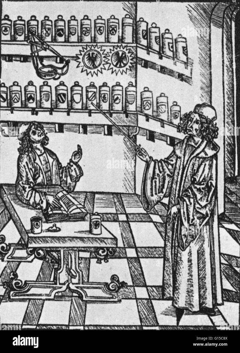 Medico nella bottega di un farmacista. Il ruolo dell'oncia in erogazione di trattamenti per condizioni mediche si è evoluta in quella del farmacista moderno. Questa illustrazione è da un 1497 edizione di "Hortus Sanitatis" (giardino di salute). Questo lavoro contai Foto Stock